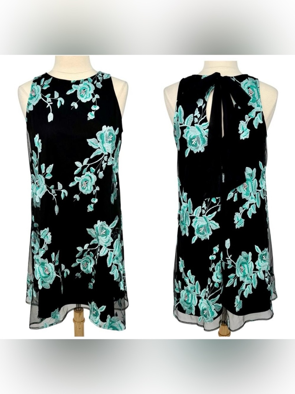 ICE Sleeveless Blue Floral Mesh Overlay Dress Tie Back Sz Small